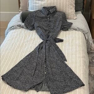 Black Printed Button-Front Tie-Waist Dress